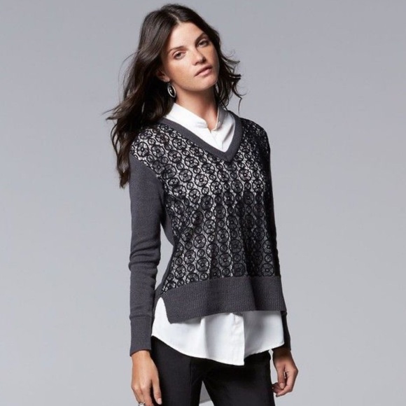 Vintage Simply Vera Navy Blue Lace Long Sleeve Sweater w Built-In White Shirt XS - Picture 14 of 16